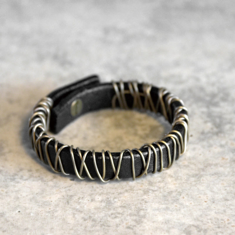 Black Leather Copper Wire Wrap Spiritual Balance Bracelet