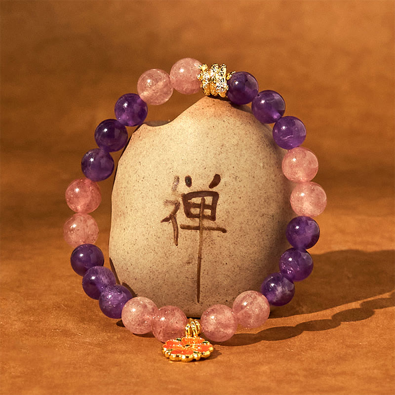 8mm Amethyst Strawberry Quartz Flower Charm Healing Bracelet