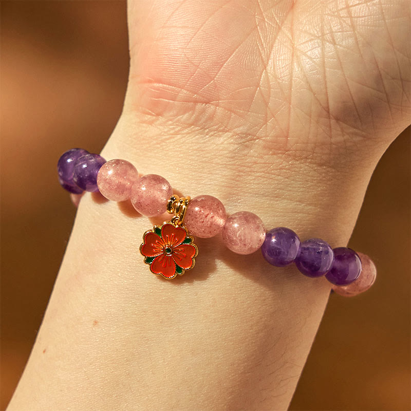 8mm Amethyst Strawberry Quartz Flower Charm Healing Bracelet