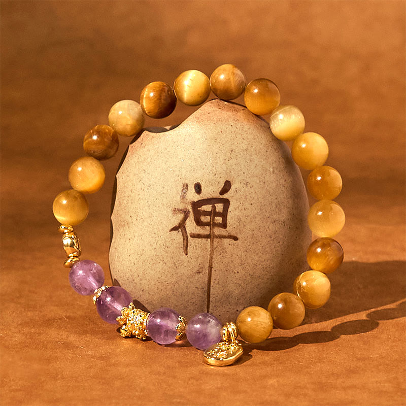 8mm Tiger Eye Amethyst Fu Character Strength Bracelet