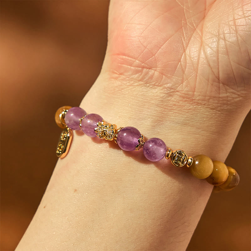 8mm Tiger Eye Amethyst Fu Character Strength Bracelet