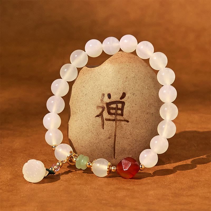 8mm White Agate Red Agate Lotus Pod Charm Luck Bracelet
