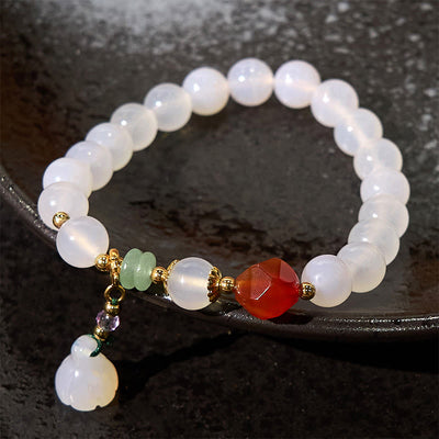 8mm White Agate Red Agate Lotus Pod Charm Luck Bracelet