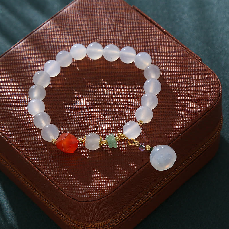 8mm White Agate Red Agate Lotus Pod Charm Luck Bracelet