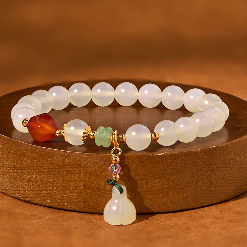 8mm White Agate Red Agate Lotus Pod Charm Luck Bracelet