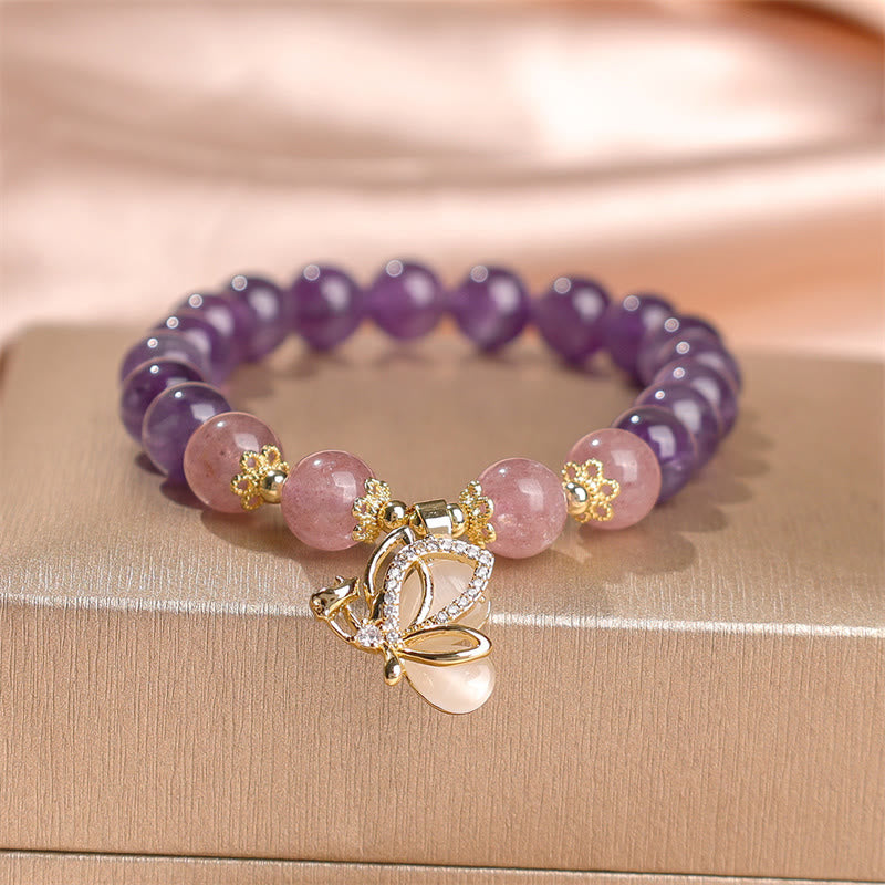 8mm Amethyst & Strawberry Quartz Butterfly Charm Bracelet