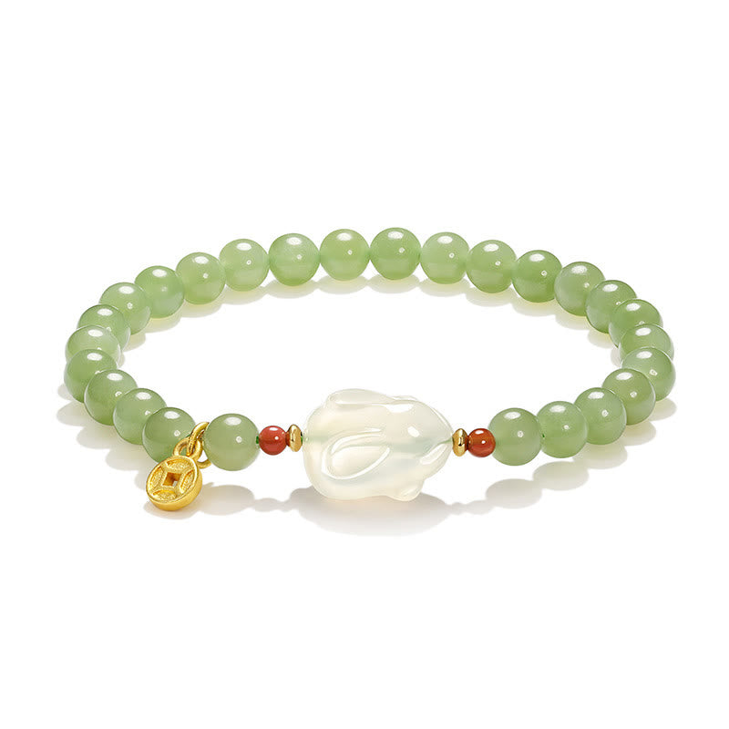 6mm Hetian Jade Rabbit Copper Coin Bracelet for Luck and Prosperity