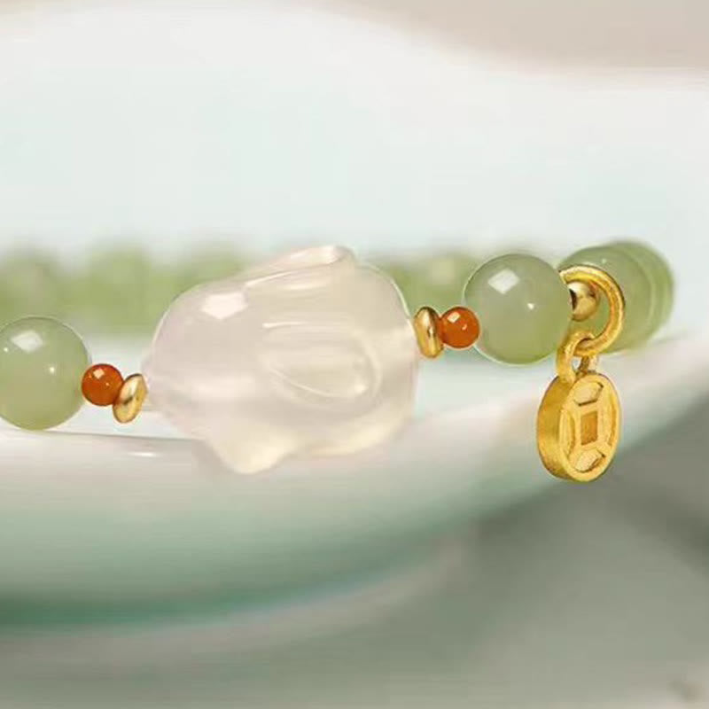 6mm Hetian Jade Rabbit Copper Coin Bracelet for Luck and Prosperity