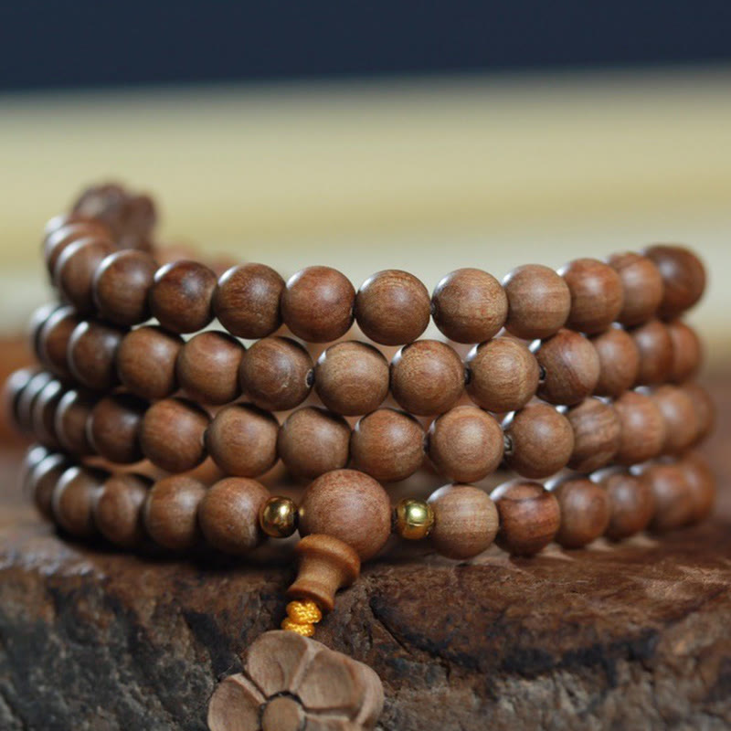 6mm Sandalwood Plum Blossom Charm Mala Bracelet for Calmness & Healing