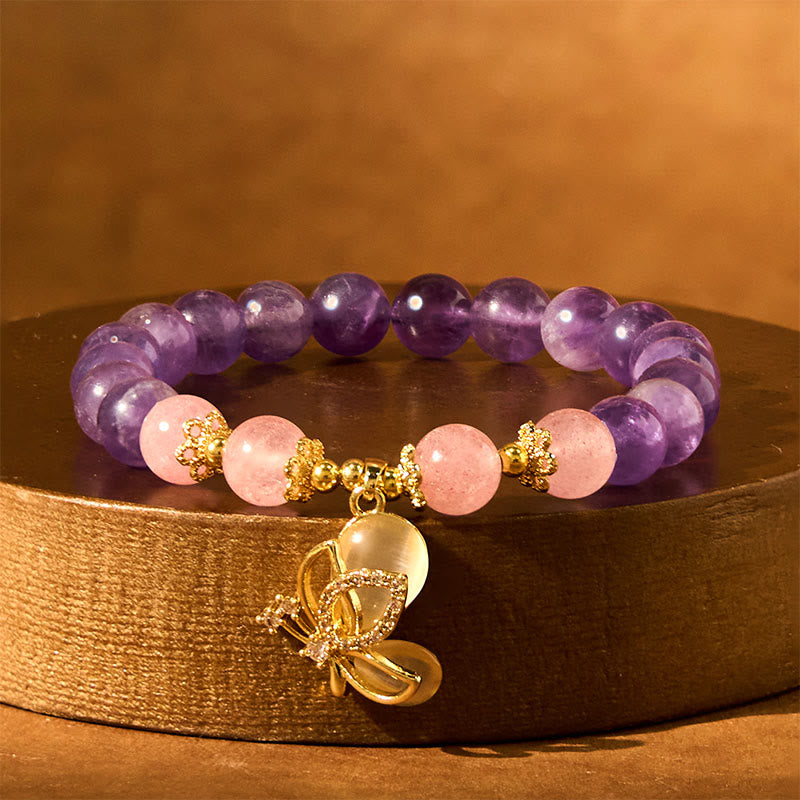 8mm Amethyst & Strawberry Quartz Butterfly Charm Bracelet
