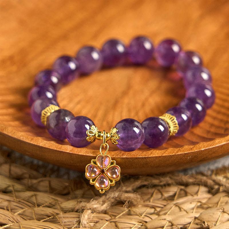 10mm Amethyst Four Leaf Clover Communication Bracelet