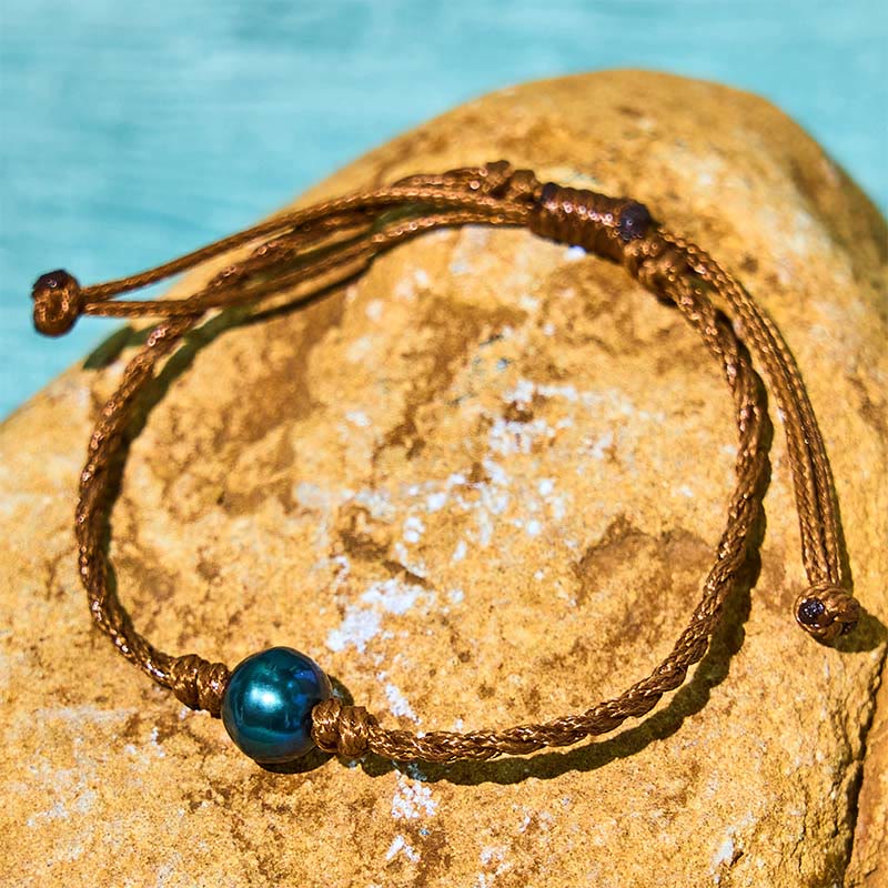 Tahitian Black Pearl Wisdom Bracelet on Wax Rope, 14-19cm
