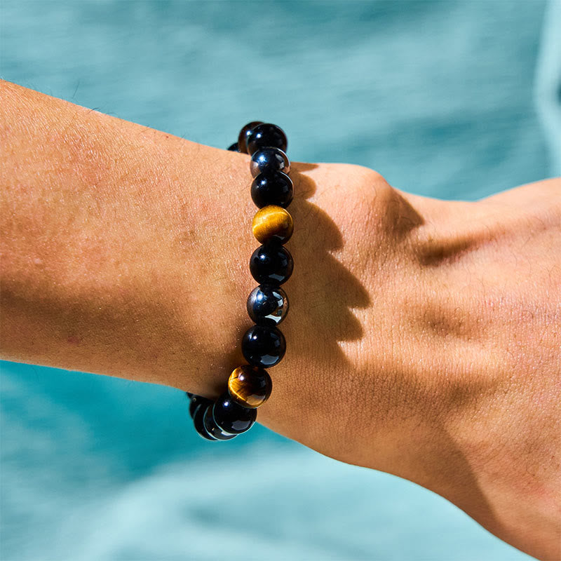 Men's 8mm Tiger Eye Obsidian Hematite Bracelet for Protection