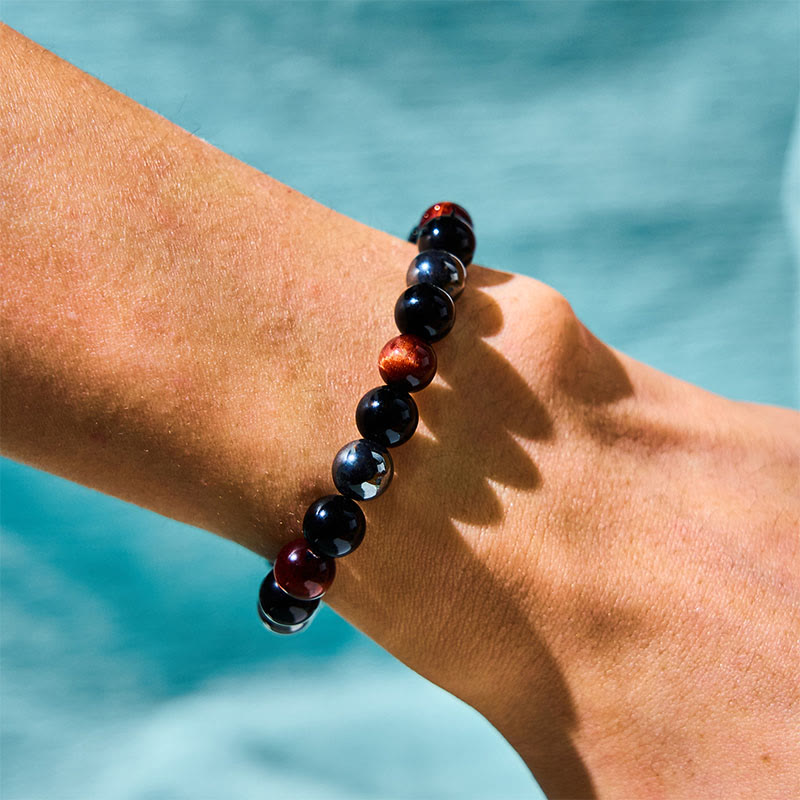 Men's 8mm Tiger Eye Obsidian Hematite Bracelet for Protection