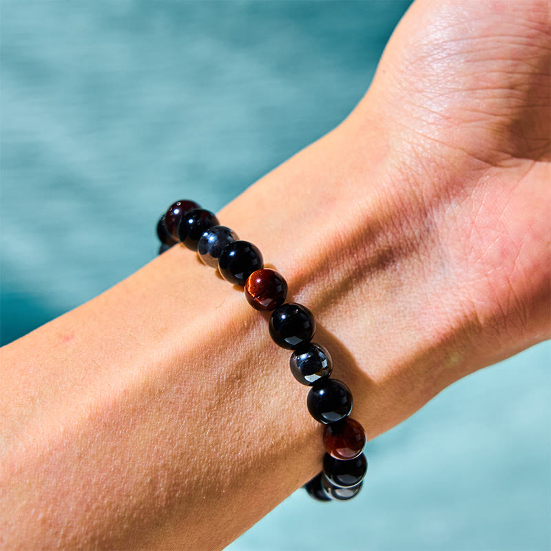 Men's 8mm Tiger Eye Obsidian Hematite Bracelet for Protection
