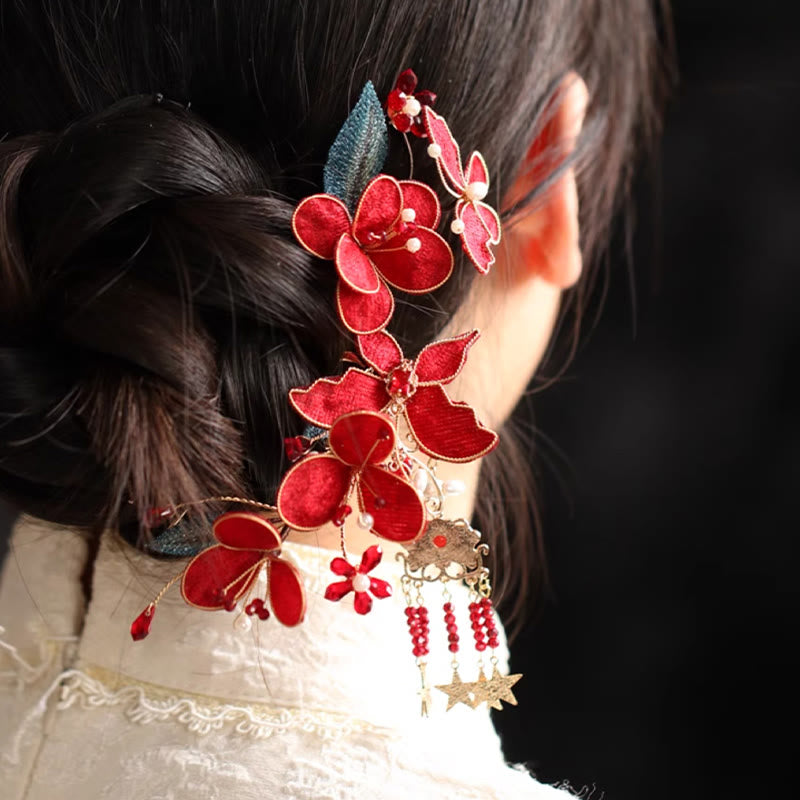 Red Flower Chinese Hairpin with Butterfly Tassel | Healing Sounds