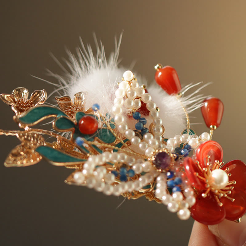 Red Flower Butterfly Pearl Chinese Hair Clip | Chinese Hairpins