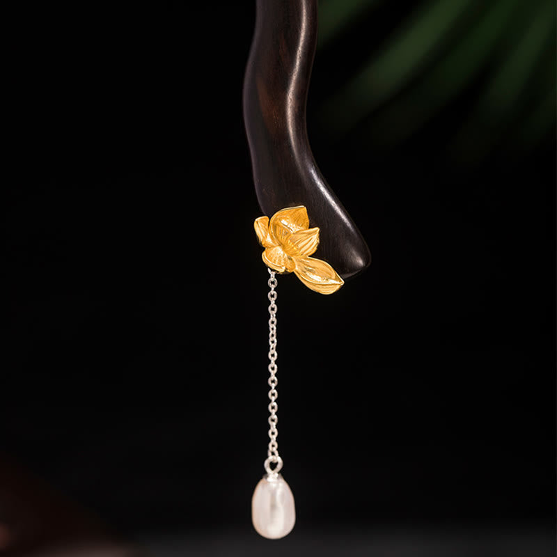 Sterling Silver Lotus Flower Hairpin with Ebony Pearl Tassel