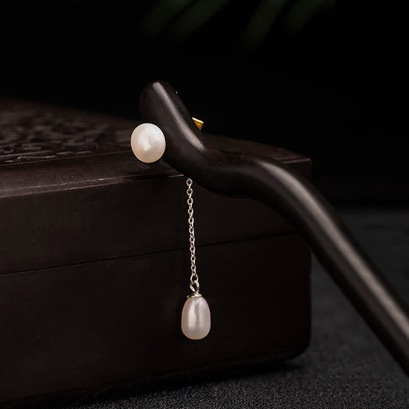 Sterling Silver Lotus Flower Hairpin with Ebony Pearl Tassel