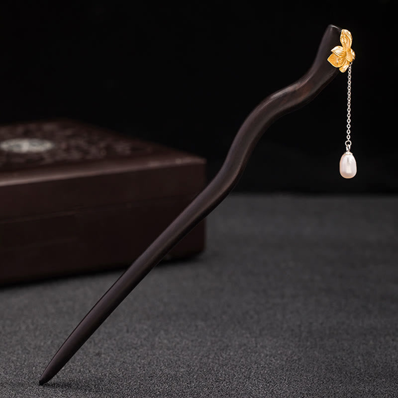 Sterling Silver Lotus Flower Hairpin with Ebony Pearl Tassel