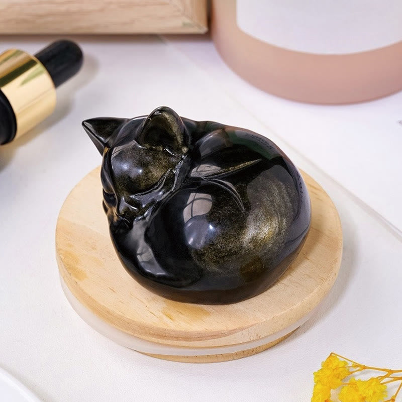 6cm Gold Sheen Obsidian Sleeping Cat Statue Spiritual Decor