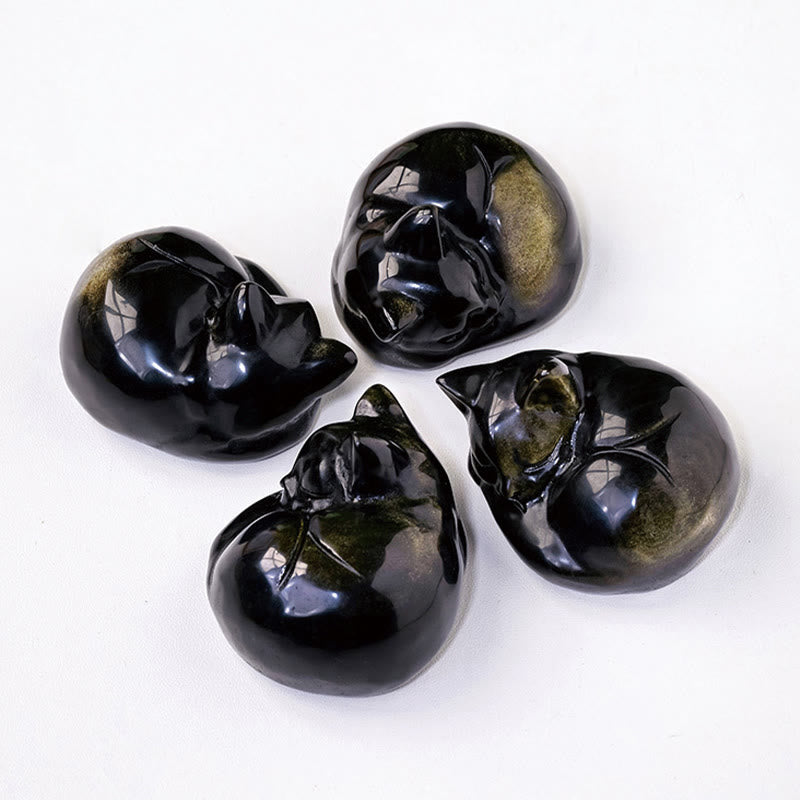 6cm Gold Sheen Obsidian Sleeping Cat Statue Spiritual Decor