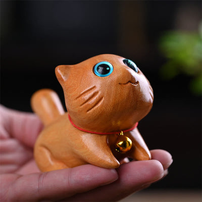9cm Sandalwood Sleeping Cat Zen Decor Sculpture