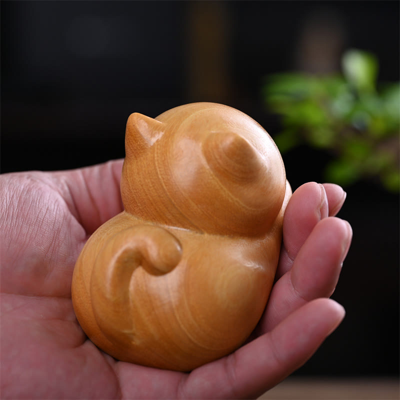 9cm Sandalwood Sleeping Cat Zen Decor Sculpture