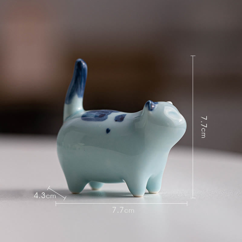 8cm Ceramic Lucky Cat Statue | Blue Standing Cat Figurine