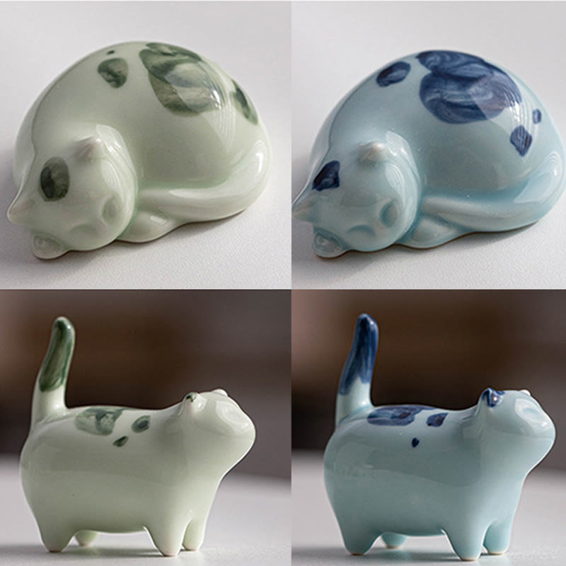 8cm Ceramic Lucky Cat Statue | Blue Standing Cat Figurine