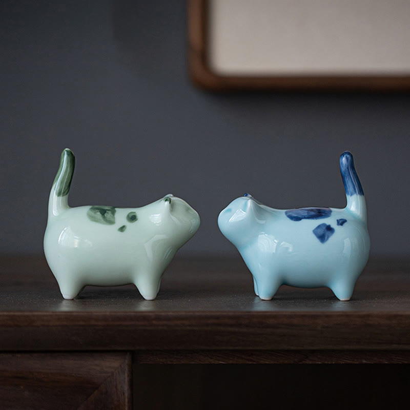 8cm Ceramic Lucky Cat Statue | Blue Standing Cat Figurine