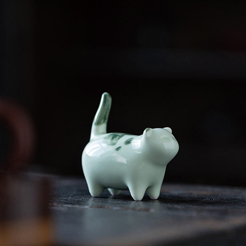 8cm Ceramic Lucky Cat Statue | Blue Standing Cat Figurine