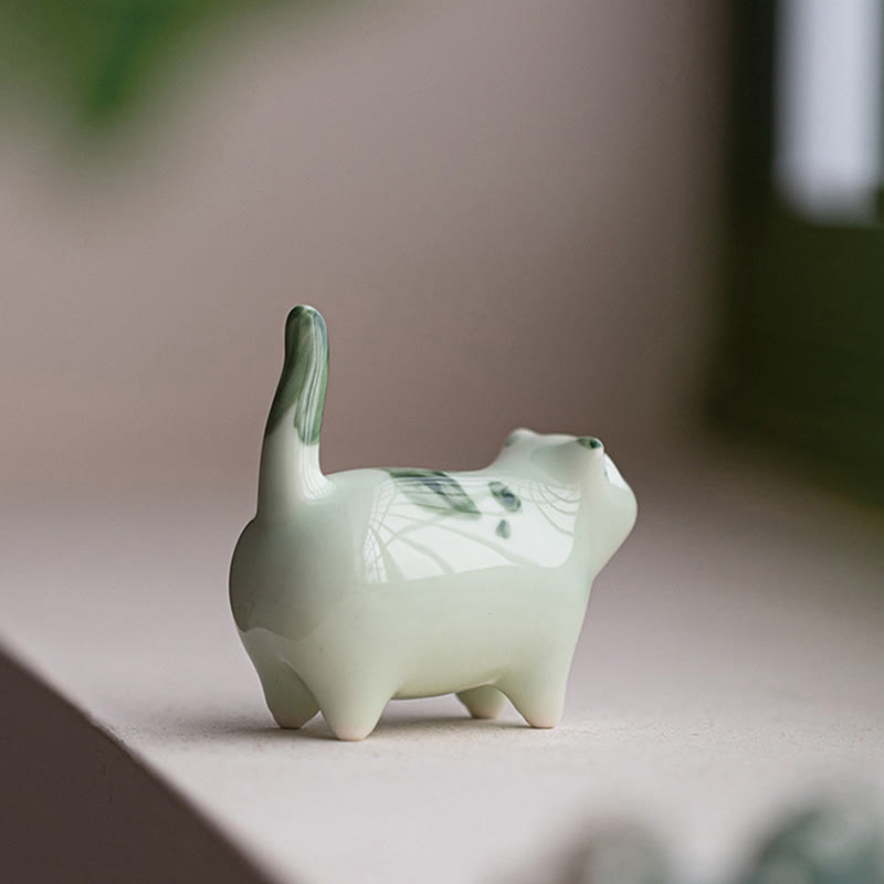 8cm Ceramic Lucky Cat Statue | Blue Standing Cat Figurine