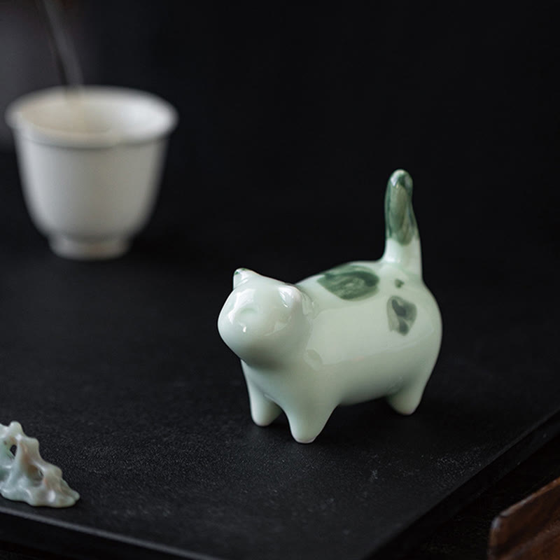 8cm Ceramic Lucky Cat Statue | Blue Standing Cat Figurine