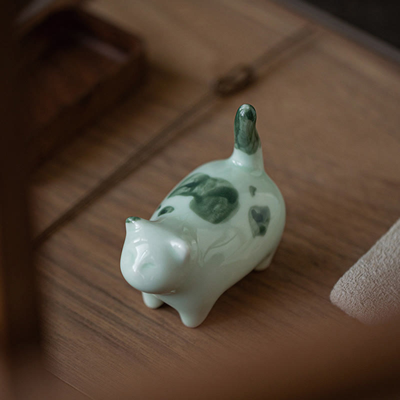 8cm Ceramic Lucky Cat Statue | Blue Standing Cat Figurine
