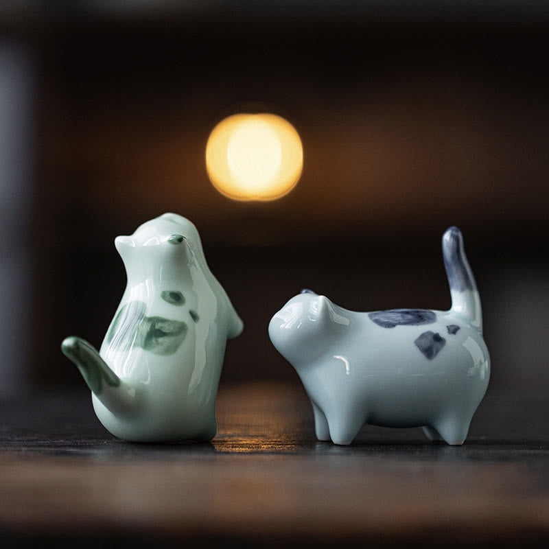 8cm Ceramic Lucky Cat Statue | Blue Standing Cat Figurine