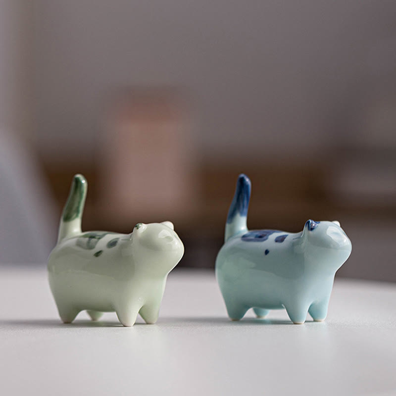 8cm Ceramic Lucky Cat Statue | Blue Standing Cat Figurine