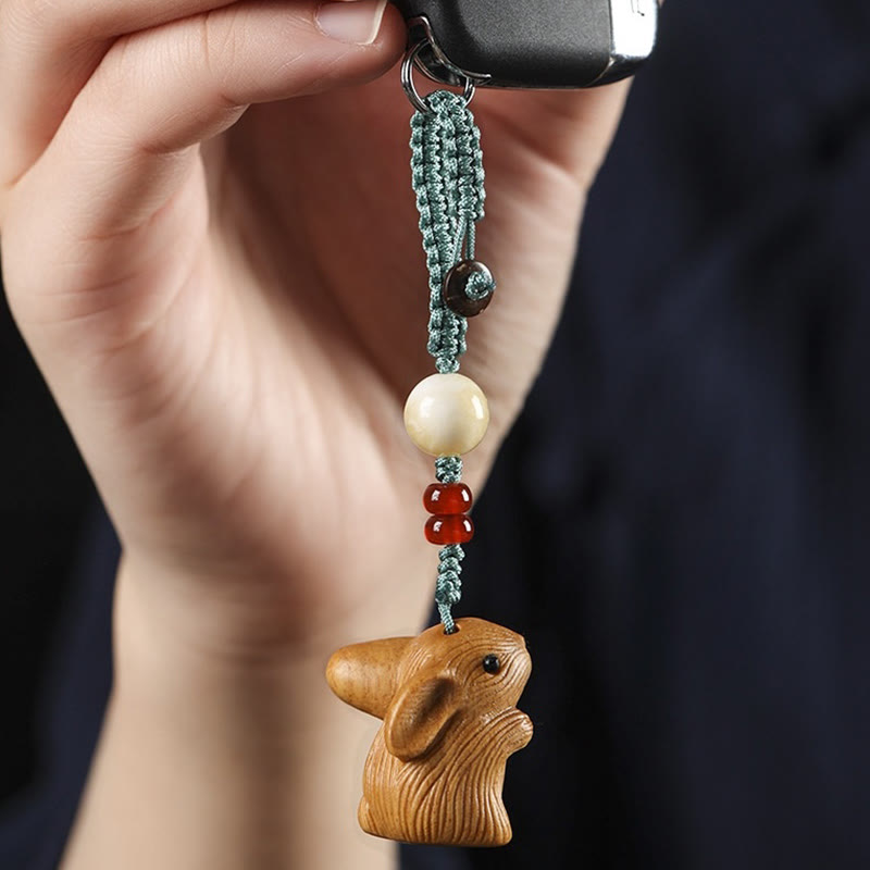 Small Leaf Red Sandalwood Lucky Rabbit Key Chain | Protection Charm