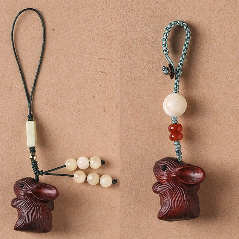 Small Leaf Red Sandalwood Lucky Rabbit Key Chain | Protection Charm