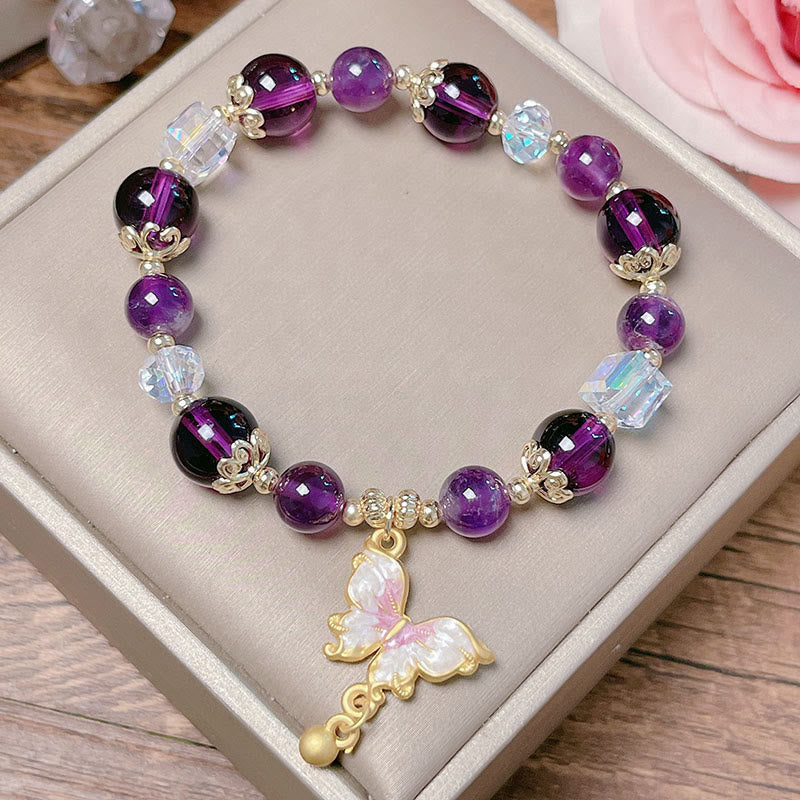 8mm Amethyst and Sunstone Peace Butterfly Bracelet