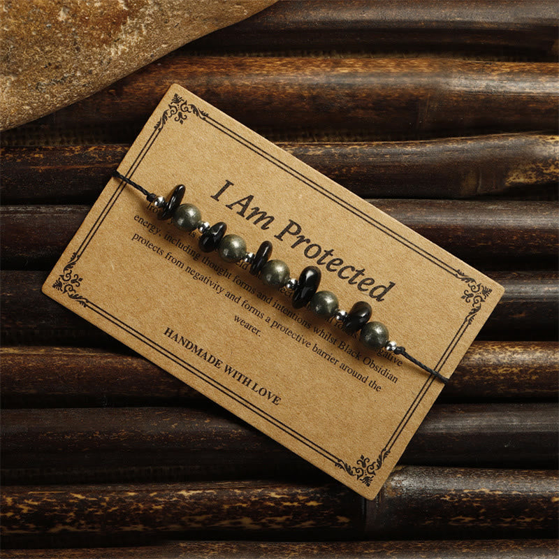I Am Protected Iron Pyrite & Black Obsidian Bracelet for Protection