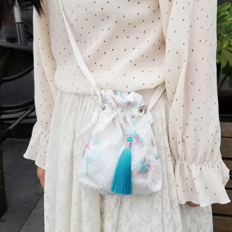Embroidered Cherry Blossoms Vine Canvas Crossbody Bag 15x22cm