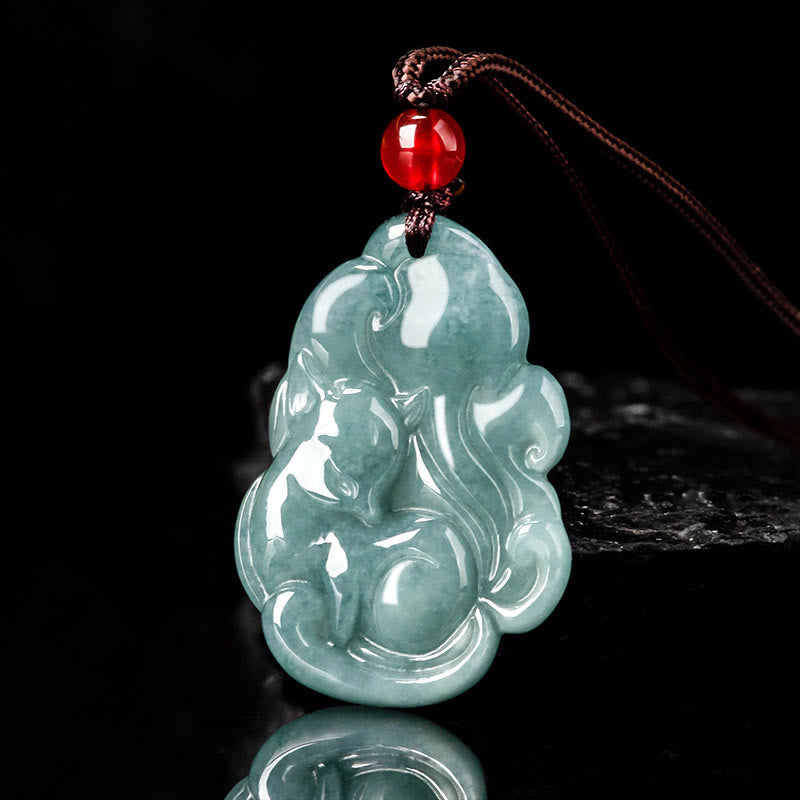 Green Jade Prosperity Necklace with Nine Tailed Fox Pendant