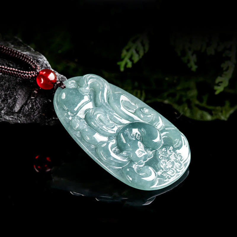 Green Jade Nine Tailed Fox Luck Necklace Pendant