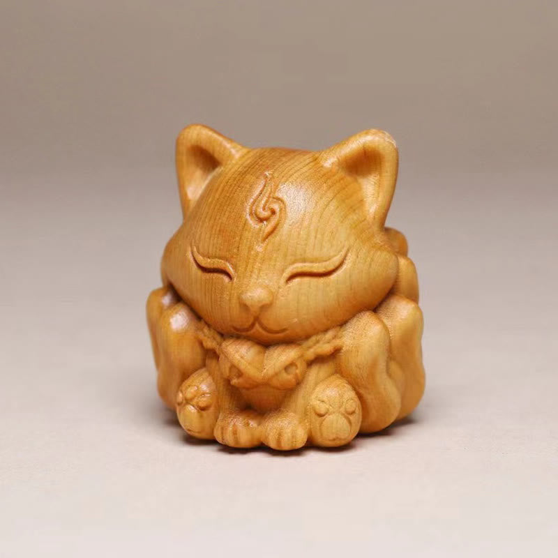 Nine-Tailed Fox Thuja Sutchuenensis Wood Spiritual Animal Figurine 4cm