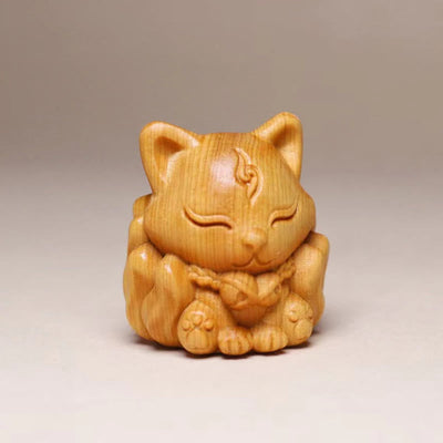 Nine-Tailed Fox Thuja Sutchuenensis Wood Spiritual Animal Figurine 4cm