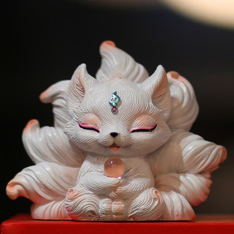 Ivory Resin Nine-Tailed Fox Figurine 7.5cm Mythical Statue