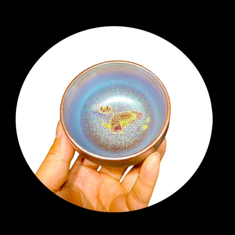 Handmade Jian Zhan Koi Fish Lotus Leaf Ceramic Tea Cup 150ml