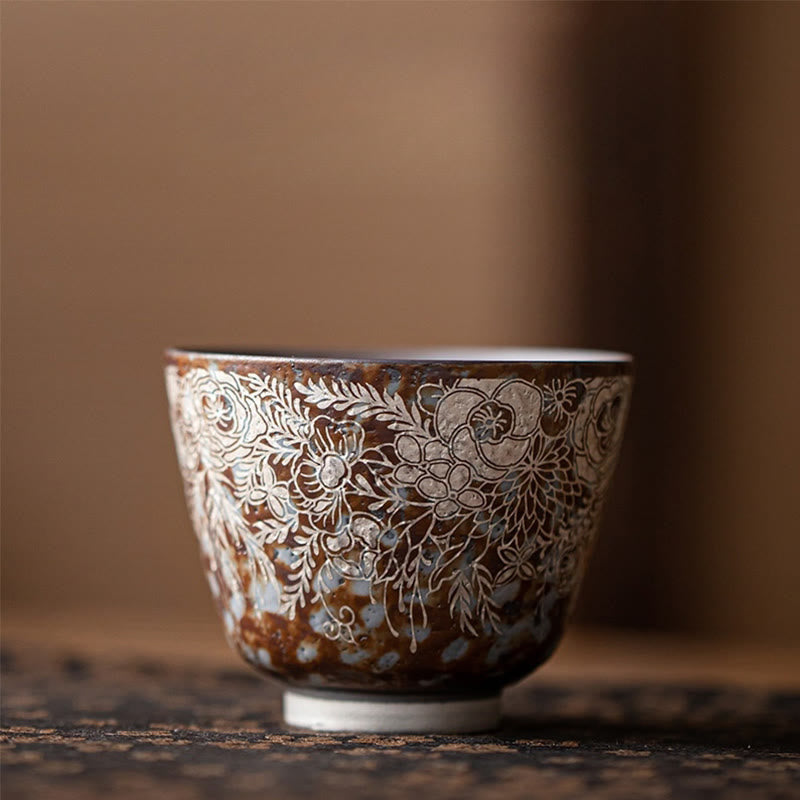 Brown Flowers Ceramic Teacup 100ml Home Accent