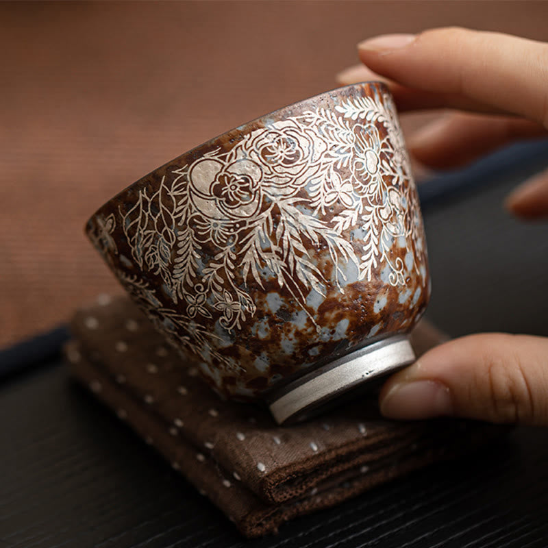 Brown Flowers Ceramic Teacup 100ml Home Accent